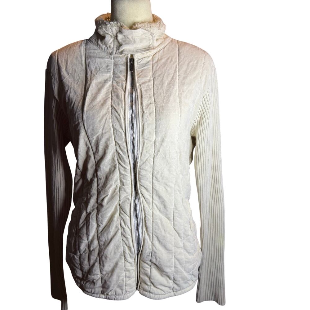 Reebok Classic Vintage Cream Quilted Hybrid Jacket, Ribbed Knit, Women's Medium